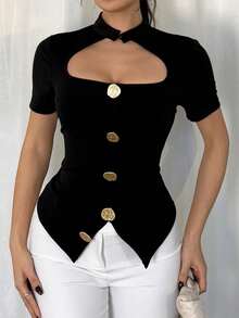Vavine Women's Elegant Casual Solid Metal Button Front Cutout Short Sleeve T-Shirt - Black - View 4
