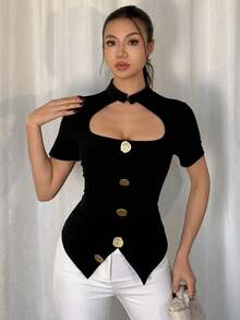 Vavine Women's Elegant Casual Solid Metal Button Front Cutout Short Sleeve T-Shirt - Black - View 8