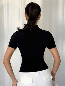 Vavine Women's Elegant Casual Solid Metal Button Front Cutout Short Sleeve T-Shirt - Black - View 2