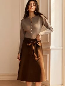 SHEIN 秋季休閒法式優雅棕色綁帶裙，適合日常穿著、度假、街頭風、通勤，女款感恩節早午餐辦公室裙 - 棕色 - 查看 5