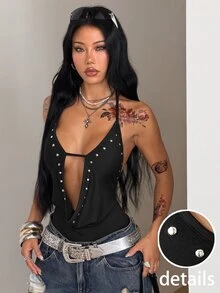Coolane Women's Deep V Neck Halter Neck Spaghetti Strap Rivet Design Sexy Bodysuit, Suitable For Casual, Vacation, Party - Black - View 3