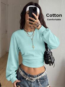 Coolane 女款秋冬外出休閒學院風街頭復古日常穿著棉質舒適收腰棕色長袖衛衣 - 水鴨藍 - 查看 1