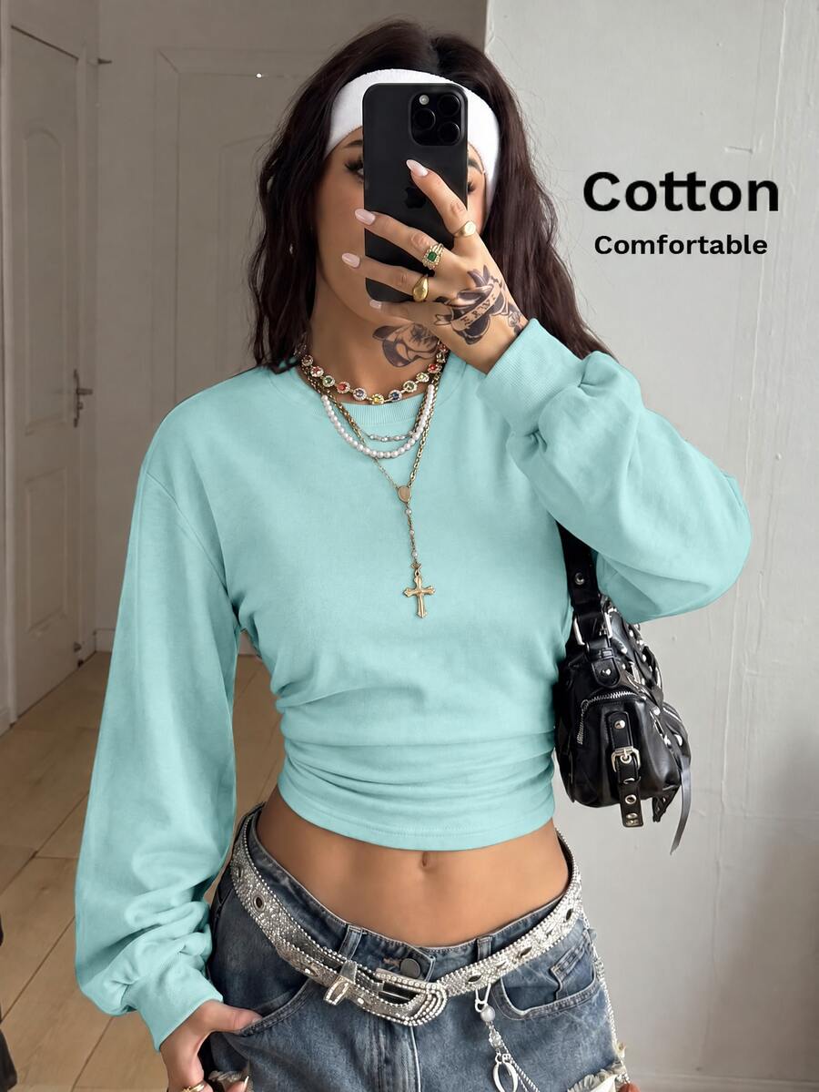 Coolane 女款秋冬外出休閒學院風街頭復古日常穿著棉質舒適收腰棕色長袖衛衣 - 水鴨藍 - 查看 1