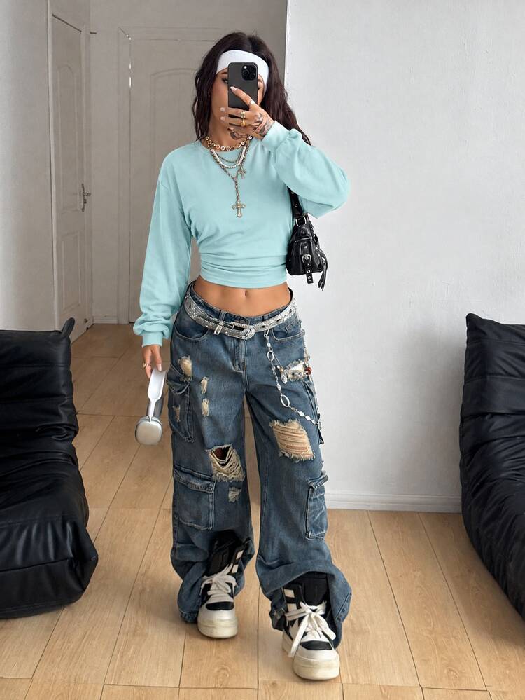 Coolane Women's Fall/Winter Going Out Casual Preppy Streetwear Vintage Daily Wear Cotton Comfortable Waist-Cinched Brown Long Sleeve Sweatshirt - Teal Blue - View 4