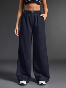 Exploreva Women's Letter Print Denim Pocket Wide Leg Outdoor Long Pants - Navy Blue - View 1