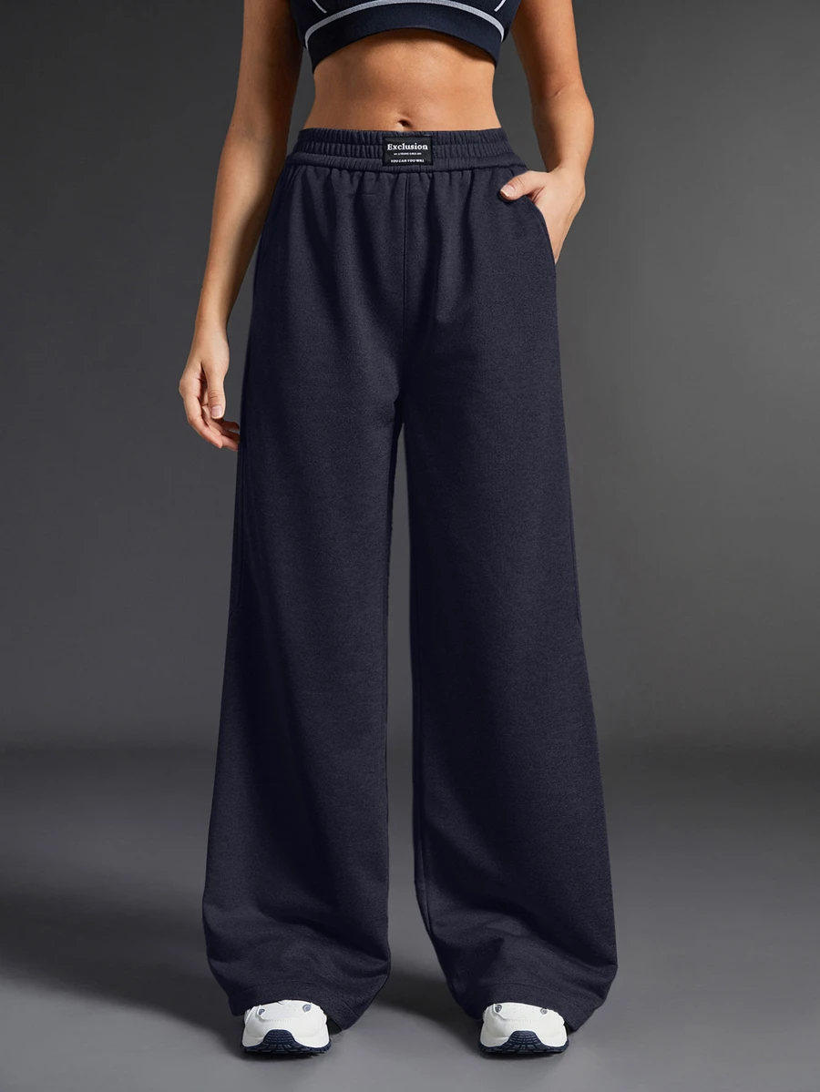 Exploreva Women's Letter Print Denim Pocket Wide Leg Outdoor Long Pants - Navy Blue - View 1