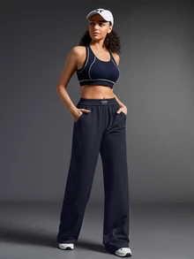 Exploreva Women's Letter Print Denim Pocket Wide Leg Outdoor Long Pants - Navy Blue - View 8
