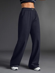 Exploreva Women's Letter Print Denim Pocket Wide Leg Outdoor Long Pants - Navy Blue - View 6