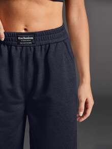 Exploreva Women's Letter Print Denim Pocket Wide Leg Outdoor Long Pants - Navy Blue - View 7