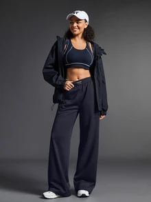 Exploreva Women's Letter Print Denim Pocket Wide Leg Outdoor Long Pants - Navy Blue - View 9