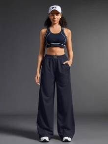 Exploreva Women's Letter Print Denim Pocket Wide Leg Outdoor Long Pants - Navy Blue - View 4