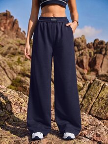 Exploreva Women's Letter Print Denim Pocket Wide Leg Outdoor Long Pants - Navy Blue - View 3