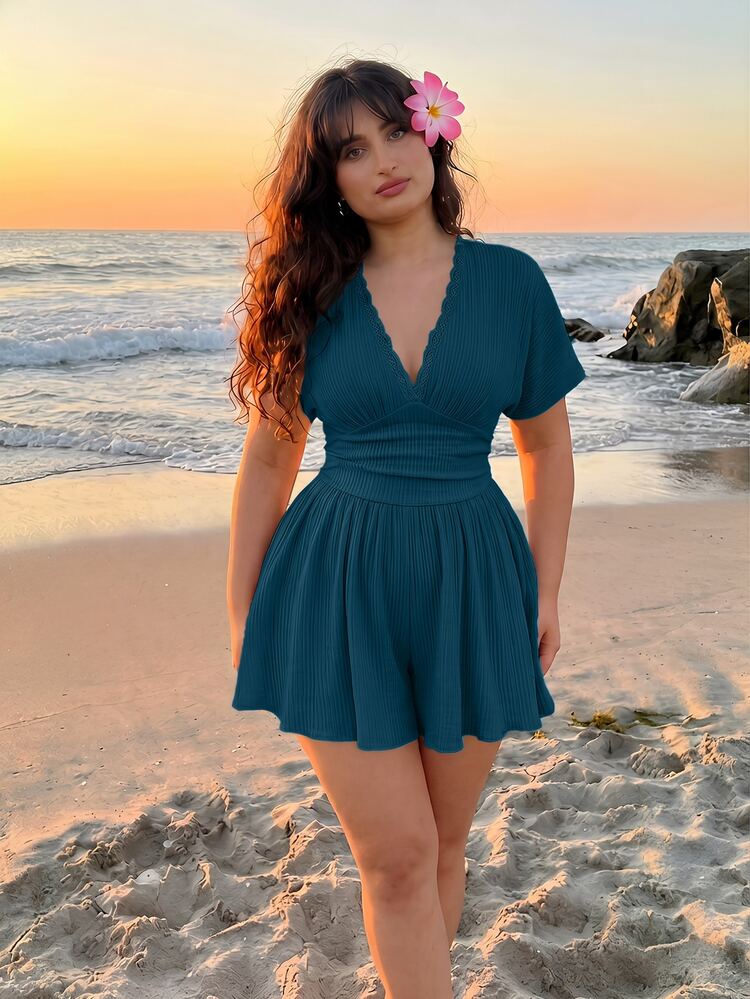 SHEIN MOD Plus Size Women's V-Neck Lace Trim Batwing Sleeve Jumpsuit, Apricot, Casual Wear - Teal Blue - View 6