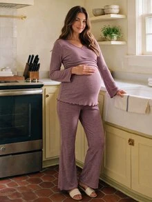 SHEIN Maternity 2-delat set i högelastisk ribbstickad design för vardag och hemma, höst/vinterstil - Blåröd - Visa 4