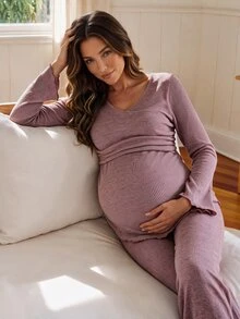 SHEIN Maternity 2-delat set i högelastisk ribbstickad design för vardag och hemma, höst/vinterstil - Blåröd - Visa 3