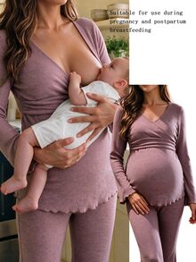 SHEIN Maternity 2-delat set i högelastisk ribbstickad design för vardag och hemma, höst/vinterstil - Blåröd - Visa 1