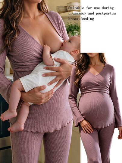 SHEIN Maternity 2pcs Set High Elastic Ribbed Maternity 2pcs Set Daily Home Wear Autumn/Winter Style Fall