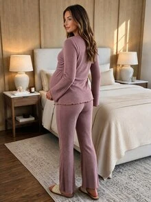 SHEIN Maternity 2-delat set i högelastisk ribbstickad design för vardag och hemma, höst/vinterstil - Blåröd - Visa 2