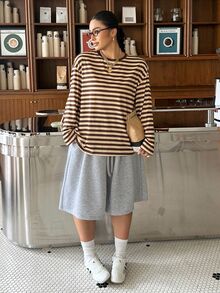 Muchica Plus Size Minimalist Casual Striped Colorblock Crew Neck Long Sleeve T-Shirt Fall - Multicolor - View 7