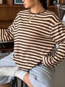 Muchica Plus Size Minimalist Casual Striped Colorblock Crew Neck Long Sleeve T-Shirt Fall - Multicolor - View 3