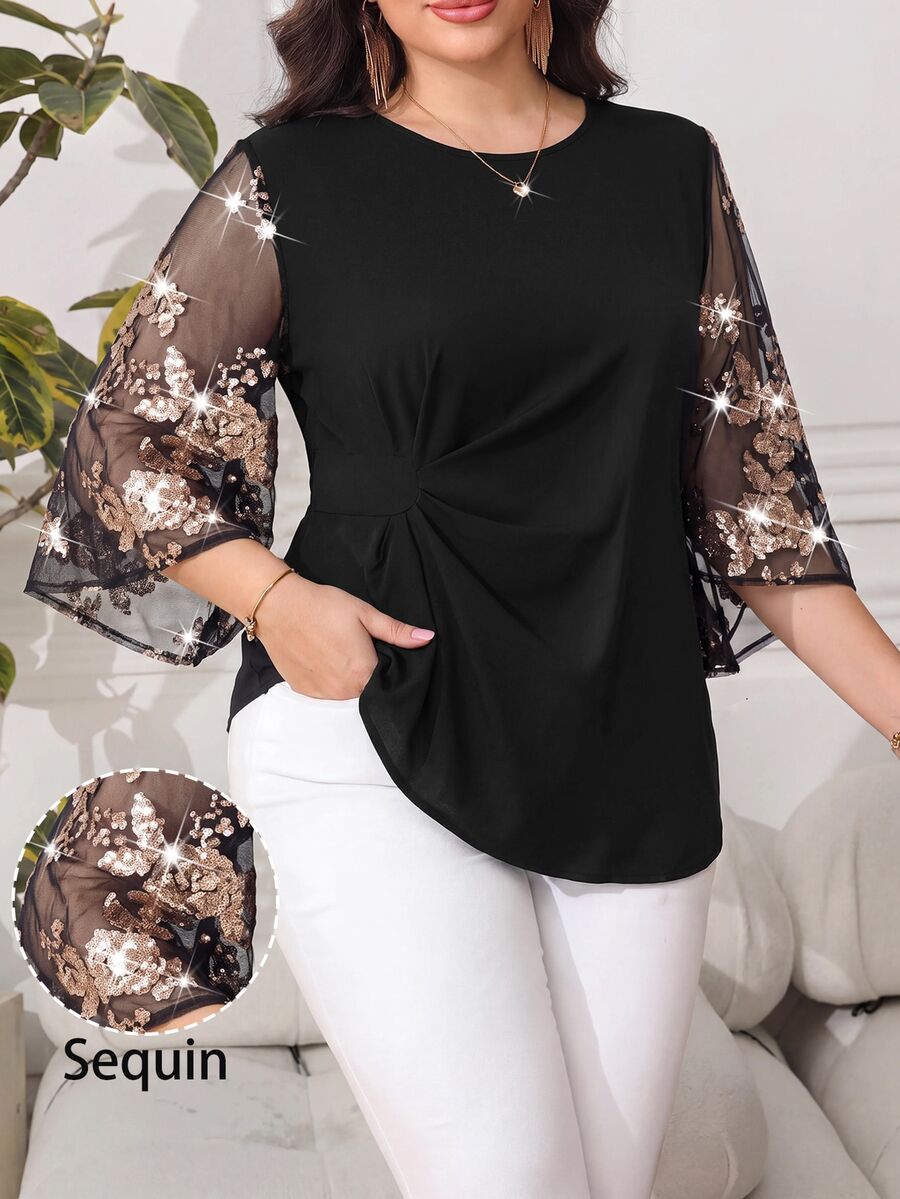Reflora Plus Size Women's Patchwork Floral Sequin Mesh Flare Sleeve Elegant Blouse Autumn Going Out Party Wedding Guest Black