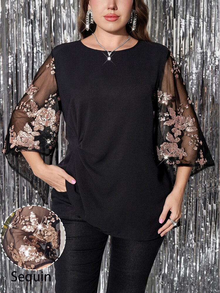 Reflora Plus Size Women's Patchwork Floral Sequin Mesh Flare Sleeve Elegant Blouse Autumn Going Out Party Wedding Guest Black - Black - View 8