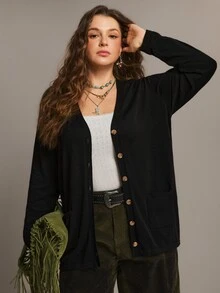 Freevana 大尺碼女款純色黑色秋季針織開襟外套，附口袋，適合假期、冬季、辦公室休閒，寬鬆優雅 - 黑色 - 查看 7