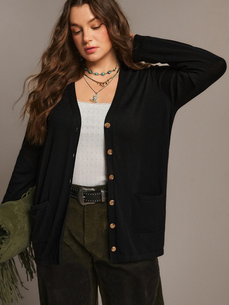 Freevana Plus Size Women's Solid Color Fall Black Sweater Cardigan With Pockets Holiday Winter - Black - View 7