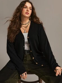 Freevana 大尺碼女款純色黑色秋季針織開襟外套，附口袋，適合假期、冬季、辦公室休閒，寬鬆優雅 - 黑色 - 查看 10