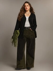 Freevana 大尺碼女款純色黑色秋季針織開襟外套，附口袋，適合假期、冬季、辦公室休閒，寬鬆優雅 - 黑色 - 查看 6