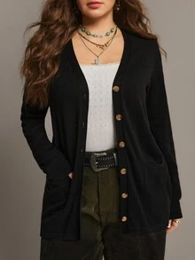 Freevana 大尺碼女款純色黑色秋季針織開襟外套，附口袋，適合假期、冬季、辦公室休閒，寬鬆優雅 - 黑色 - 查看 5