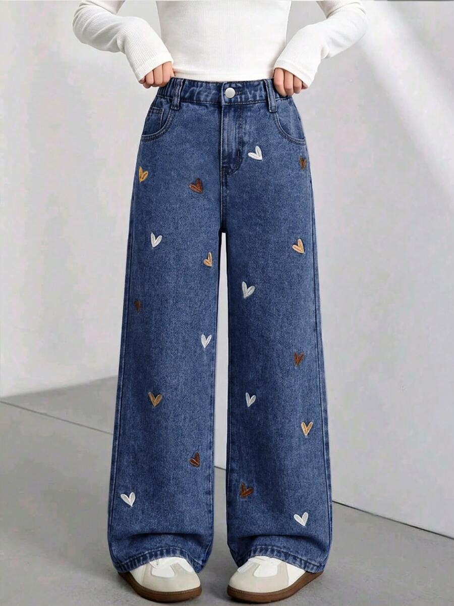 SHEIN 女款 Y2K 風格寬鬆彩色愛心刺繡寬腿牛仔褲,新款休閒時尚簡約百搭彈性腰舒適牛仔褲,適合校園與日常穿著 - 中等水洗藍 - 查看 1