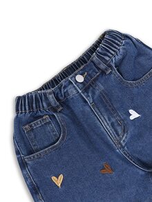 SHEIN 女款 Y2K 風格寬鬆彩色愛心刺繡寬腿牛仔褲，新款休閒時尚簡約百搭彈性腰舒適牛仔褲，適合校園與日常穿著 - 中等水洗藍 - 查看 4