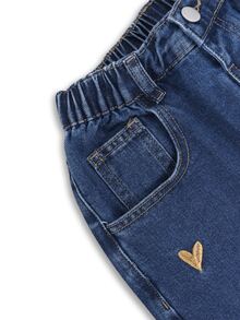 SHEIN 女款 Y2K 風格寬鬆彩色愛心刺繡寬腿牛仔褲，新款休閒時尚簡約百搭彈性腰舒適牛仔褲，適合校園與日常穿著 - 中等水洗藍 - 查看 5