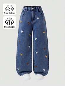 SHEIN 女款 Y2K 風格寬鬆彩色愛心刺繡寬腿牛仔褲，新款休閒時尚簡約百搭彈性腰舒適牛仔褲，適合校園與日常穿著 - 中等水洗藍 - 查看 3