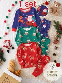 Baby Boy Santa Claus Autumn/Winter Christmas Pajamas 2pcs Stretchy Snug Fit Long Sleeve Pants Crew Neck Print - Navy Blue - View 4