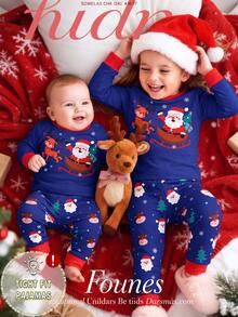 Baby Boy Santa Claus Autumn/Winter Christmas Pajamas 2pcs Stretchy Snug Fit Long Sleeve Pants Crew Neck Print - Navy Blue - View 1