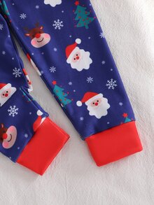 Baby Boy Santa Claus Autumn/Winter Christmas Pajamas 2pcs Stretchy Snug Fit Long Sleeve Pants Crew Neck Print - Navy Blue - View 7