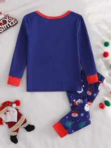 Baby Boy Santa Claus Autumn/Winter Christmas Pajamas 2pcs Stretchy Snug Fit Long Sleeve Pants Crew Neck Print - Navy Blue - View 2