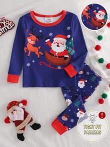 Baby Boy Santa Claus Autumn/Winter Christmas Pajamas 2pcs Stretchy Snug Fit Long Sleeve Pants Crew Neck Print - Navy Blue - View 6