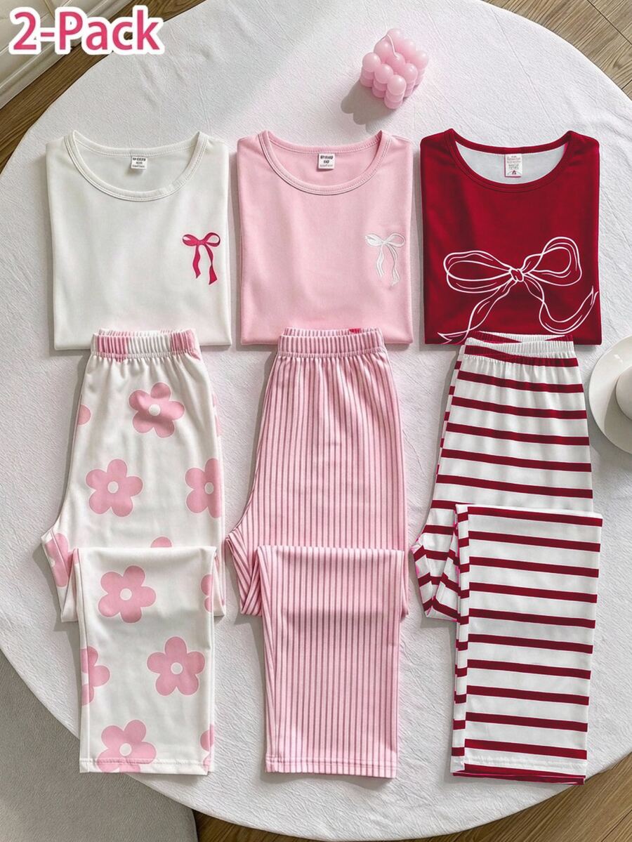 4pcs Girls' Teenager 4-Piece Set Home Wear, Long Sleeve Top With Cutout Print, All-Over Digital Print Long Pants, Milk Silk Fabric Autumn/Winter - Red - View 1