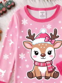 女童秋冬聖誕主題UV光感螢光可愛粉色馴鹿與雪花圖案圍巾套裝 高彈力圓領上衣＋滿版印花長褲 2件式貼身居家服 1套 - 粉色 - 查看 6