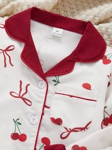 SHEIN 甜美風蝴蝶結與櫻桃印花長袖開襟衫與長褲兩件套，女孩休閒舒適居家服 - 彩色 - 查看 7