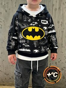 BATMAN X SHEIN Young Boy Casual Cartoon Print Pattern Hooded Long Sleeve Sweatshirt - Multicolor - View 1