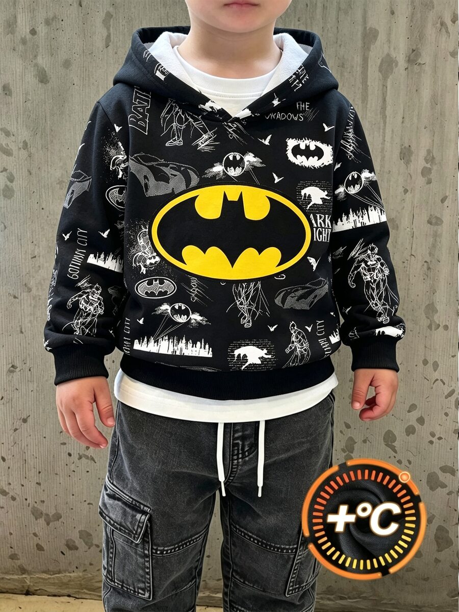 BATMAN X SHEIN Young Boy Casual Cartoon Print Pattern Hooded Long Sleeve Sweatshirt - Multicolor - View 1