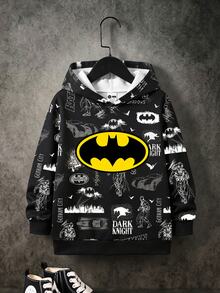 BATMAN X SHEIN Young Boy Casual Cartoon Print Pattern Hooded Long Sleeve Sweatshirt - Multicolor - View 3