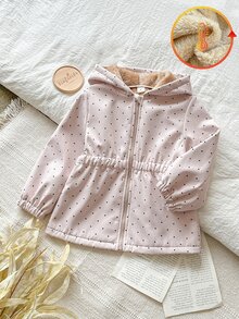 SHEIN Vintaside Kids 1件少女甜粉色波點印花毛絨內裡彈性腰長袖連帽加厚戶外度假冬秋假期夾棉拉鍊外套 - 彩色 - 查看 6