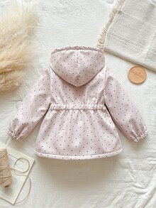 SHEIN Vintaside Kids 1件少女甜粉色波點印花毛絨內裡彈性腰長袖連帽加厚戶外度假冬秋假期夾棉拉鍊外套 - 彩色 - 查看 2