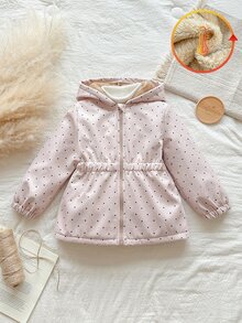 SHEIN Vintaside Kids 1件少女甜粉色波點印花毛絨內裡彈性腰長袖連帽加厚戶外度假冬秋假期夾棉拉鍊外套 - 彩色 - 查看 3