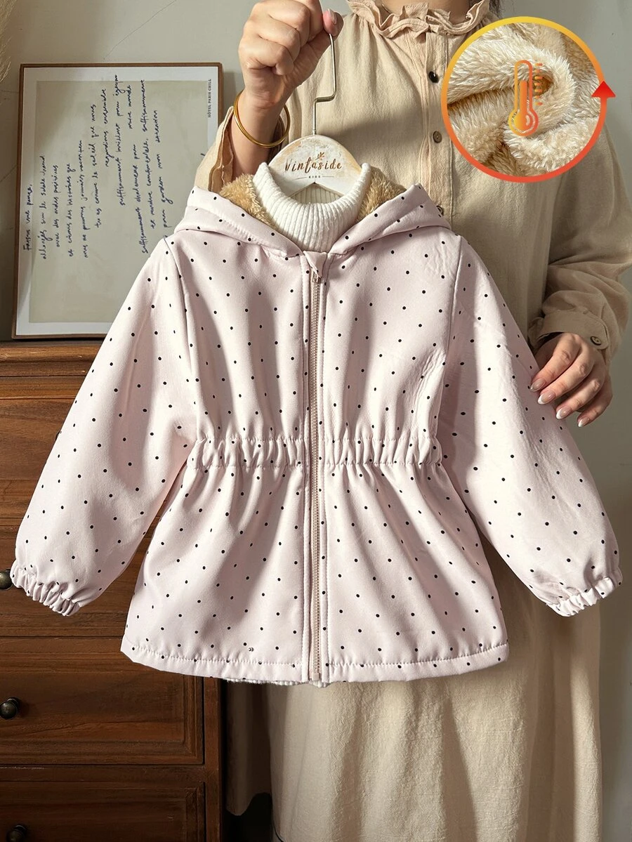 SHEIN Vintaside Kids 1件少女甜粉色波點印花毛絨內裡彈性腰長袖連帽加厚戶外度假冬秋假期夾棉拉鍊外套 - 彩色 - 查看 1